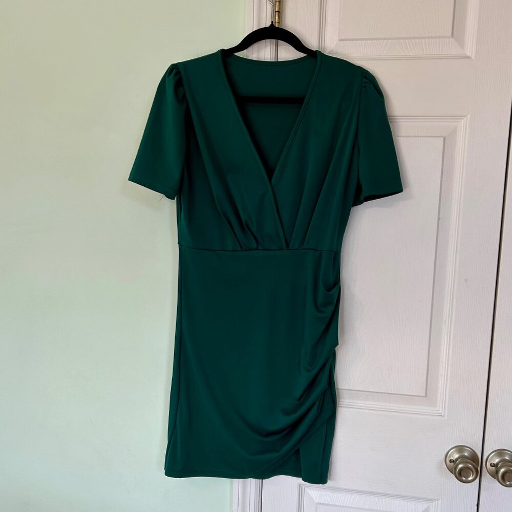 Emerald Green Bodycon Midi Dress | Faux Wrap V-Neck | Ruched Side | Short Sleeve